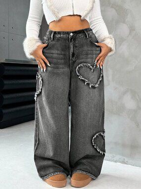 ICON Plus Size Heart Patch Wide Leg Denim Jeans Charcoal Plus size 4X